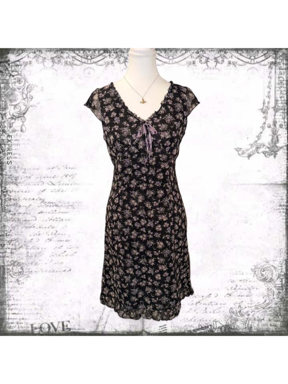 Vintage Y2K Black Floral Chiffon Fairy Grunge Coquette Tie Front Midi Dress